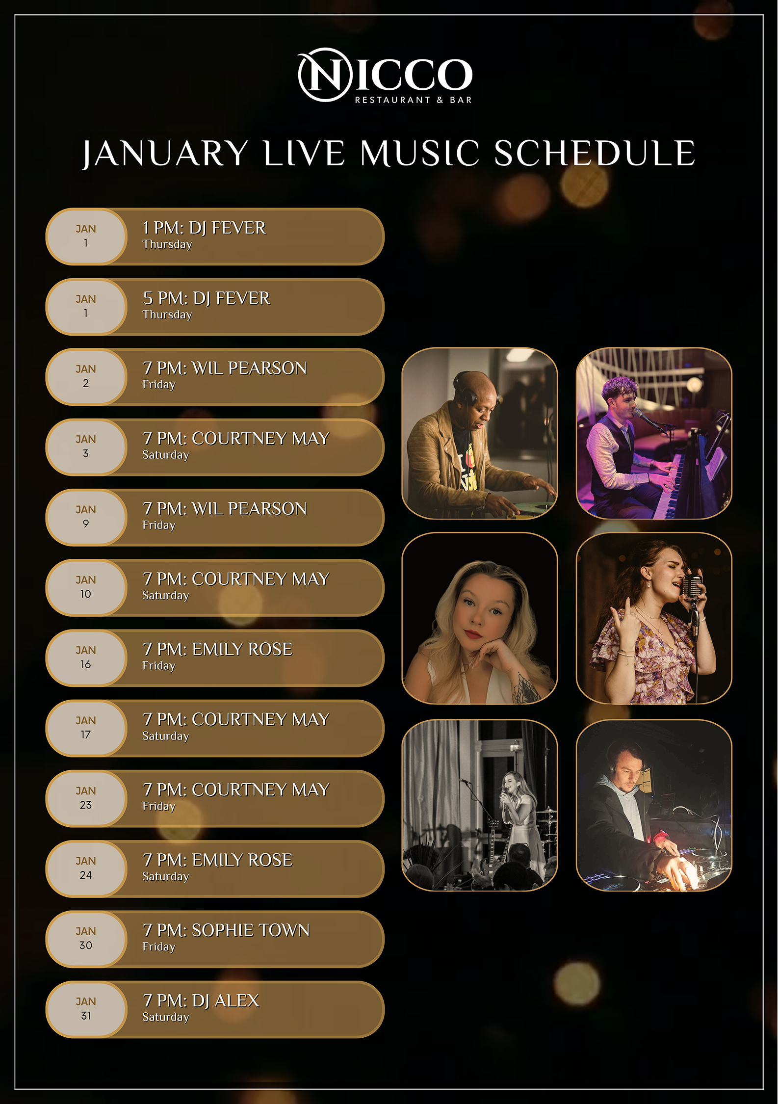 January Live Music Schedule | Nicco Restaurant